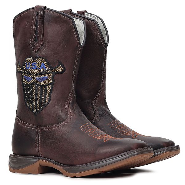 Bota Texana Masculina Couro Fóssil Café Borado U.S.A Sola Jump – Tatu Virado