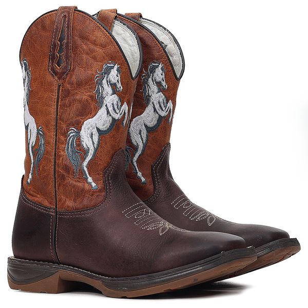 Bota Texana Masculina Couro Fóssil Café e Caramelo Bordado Cavalo Sola Jump – Tatu Virado