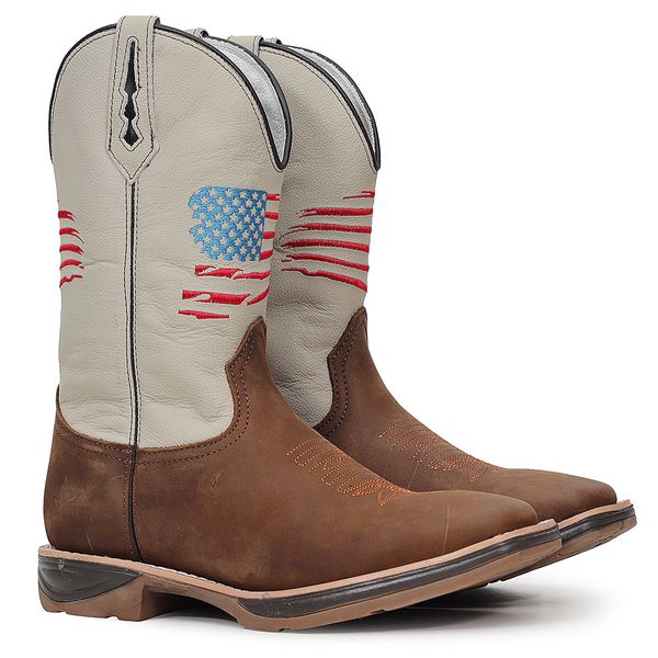 Bota Texana Masculina Couro Fóssil Café e Floater Gelo U.S.A Sola Jump – Tatu Virado