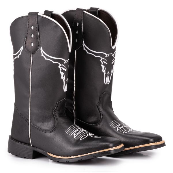 Bota Texana Masculina Preta Bordado Boi Tatu Virado Bico Quadrado 