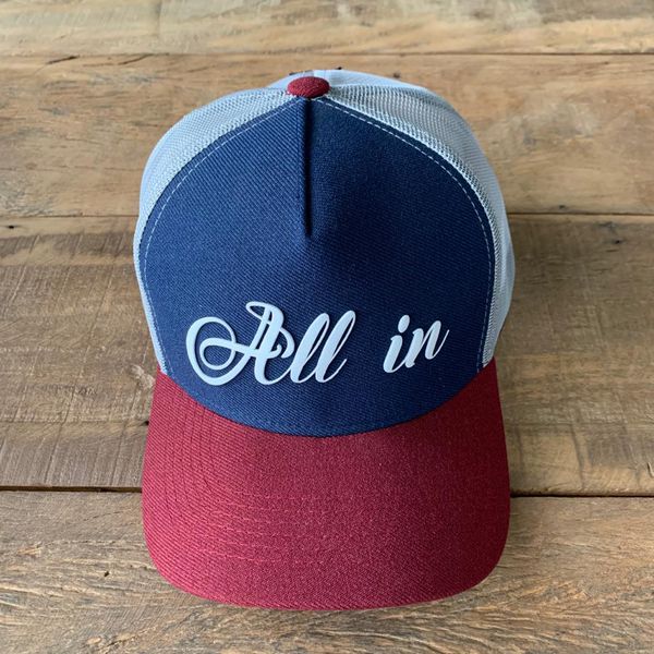 BONÉ ABA CURVA ALL IN - AZUL E VERMELHO - ESTILO TRUCKER