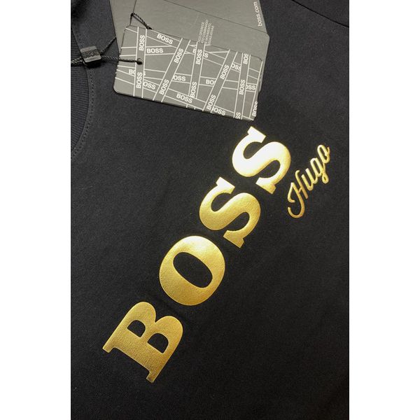 Camiseta Hugo Boss Malha Sofit Pima Preta Aplicação Dourada