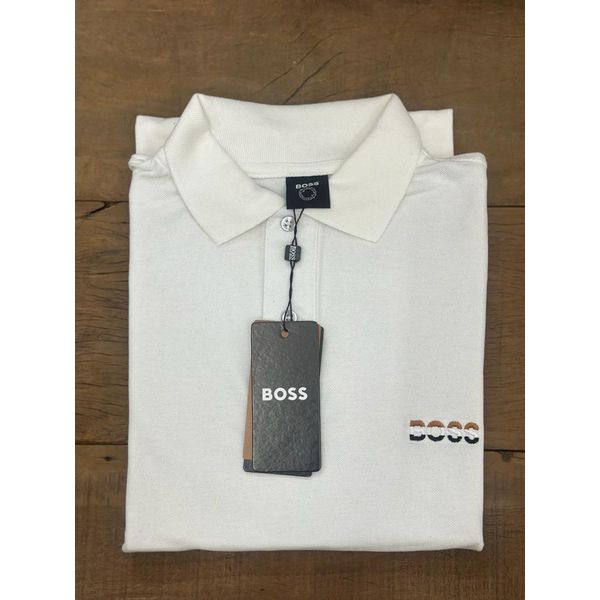 Camiseta Gola Polo Hugo Boss Pique Duplo Peruano Branco Detalhe Bordado