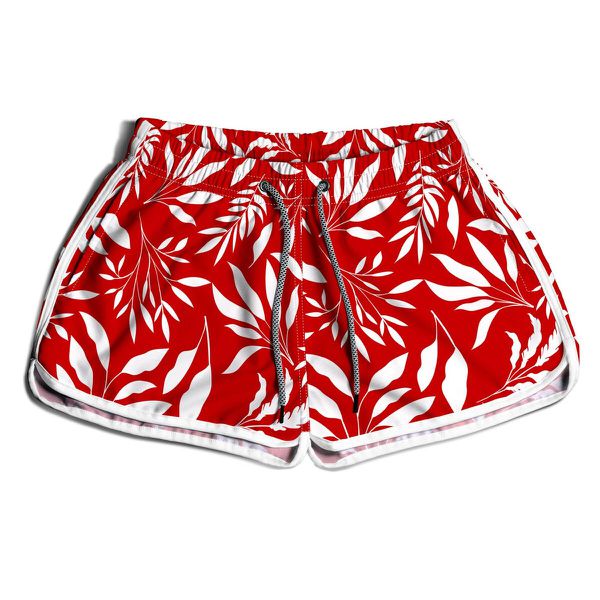 SHORT PRAIA FEMININO FOLHAGEM BRANCO COM VERMELHO