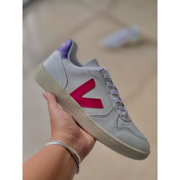 TENIS CASUAL VERT V-10 COURO BRANCO PINK ROXO