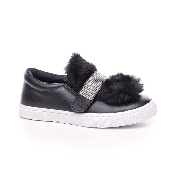 Tênis Infantil Slip On Preto 3 em 1 Pelúcia e Strass 