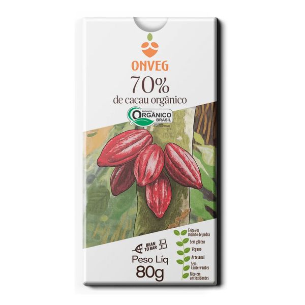 CHOCOLATE 70% CACAU ORGÂNICO - ONVEG - 80G.