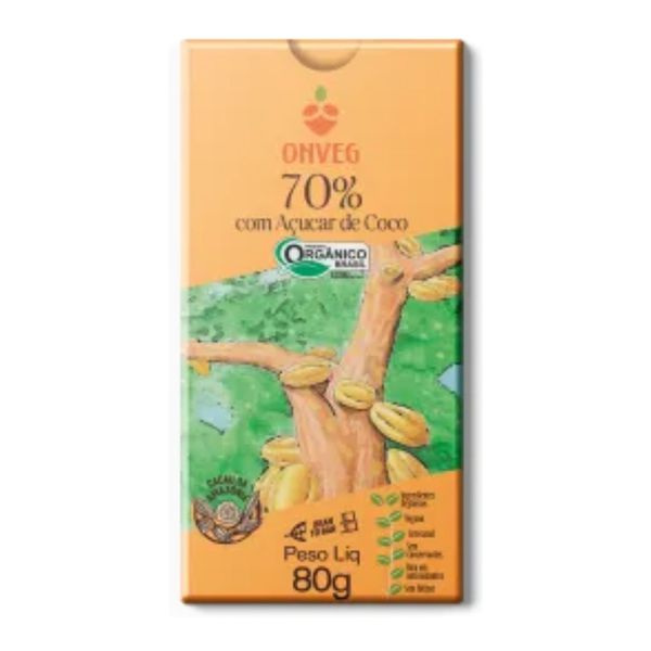 CHOCOLATE 70% COM AÇÚCAR DE COCO - ONVEG - 80G.
