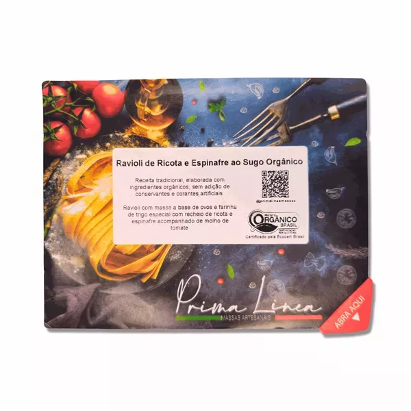 RAVIOLI DE RICOTA E ESPINAFRE AO SUGO ORGÂNICO - PRIMA LINEA - 350G.
