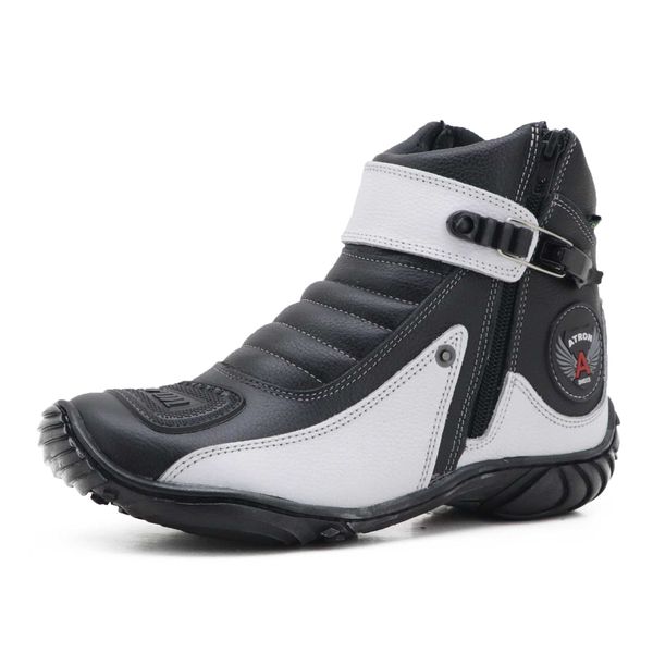 271AT-Bota para motociclista em couro Legitimo com proteção na cor preto Branco