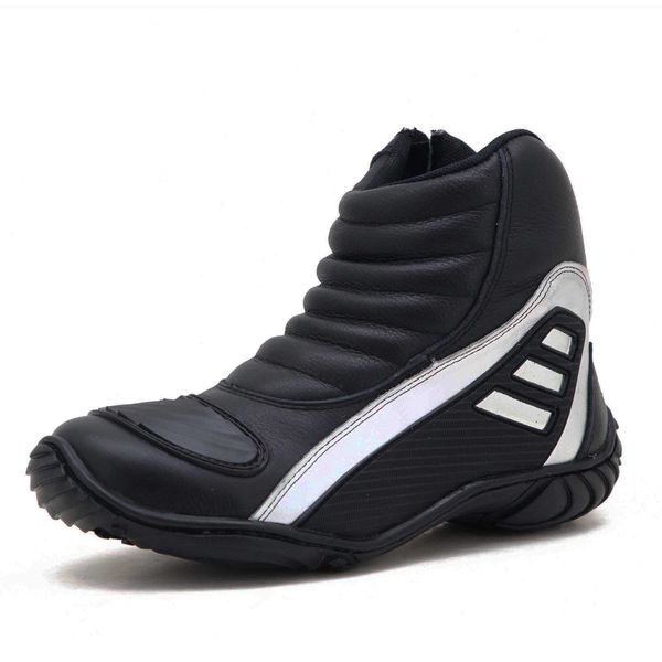 279AT-Bota motociclista cano médio em couro com refletivo prata