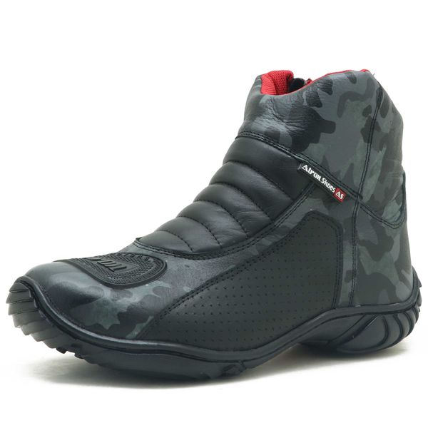 305AT-Bota motociclista couro semi impermeável protetores de borracha na cor cinza camuflado