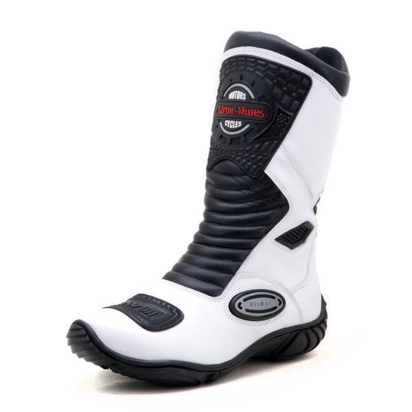 420AT-Bota motociclista couro legítimo semi-impermeável com ajuste em velcro na panturrilha nas cores branco e preto