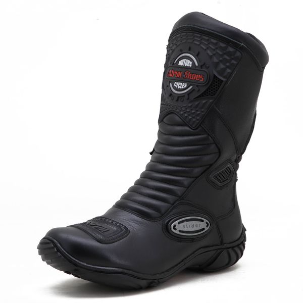 420AT-Bota motociclista couro legítimo semi-impermeável com ajuste em velcro na panturrilha nas cores Preto