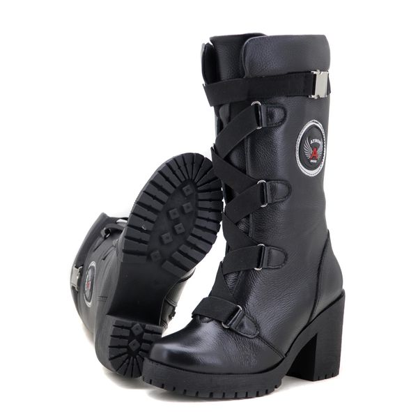 9410AT-Bota Feminina estilizada Roqueira em couro, forro textil espumado Preto