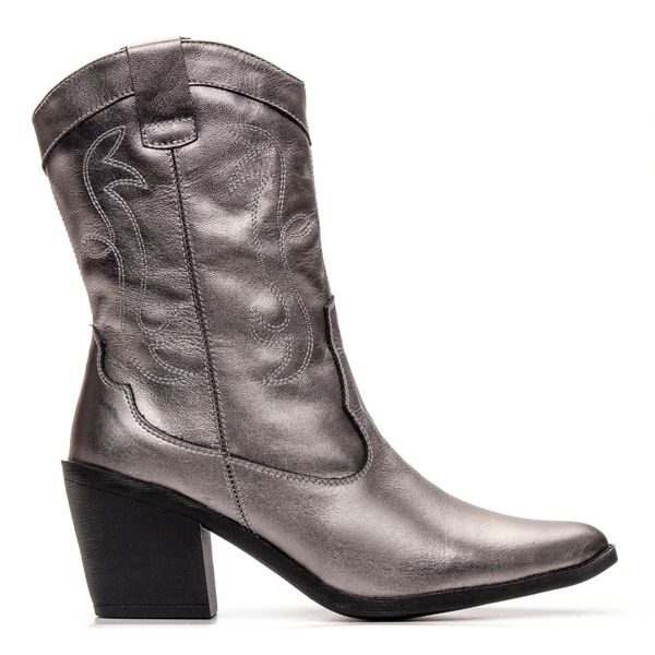 4500APR-Bota Texana Feminina Couro Nobre Natural - Cano Médio forrada Prata