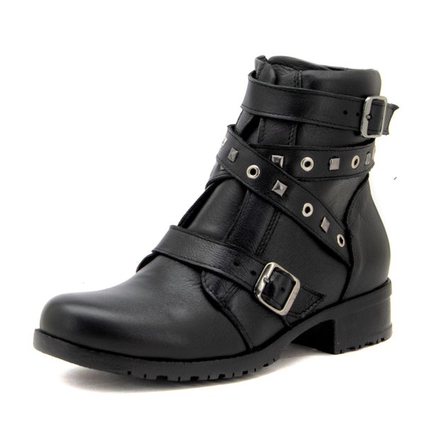 7505-Coturno feminino cano curto estilo roqueira para em couro legítimo na cor preta fivelas 