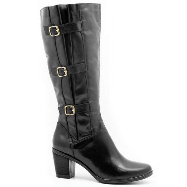 9062AT-Bota feminina cano alto Montaria em couro legítimo ajustável na panturrilha na cor preta
