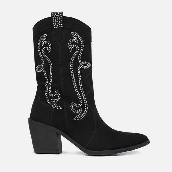 Bota Feminina Texana Western Salto Médio Couro Forrada 17000 preto camurça
