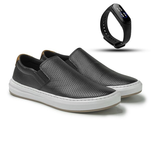 Slip On Street em Couro Preto + Gratis Relógio Digital Preto E L