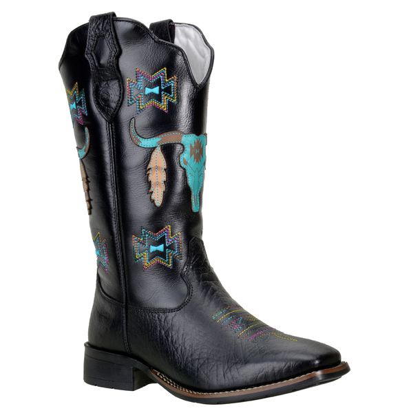 Bota Texana Feminina Western Touro Boho em Couro