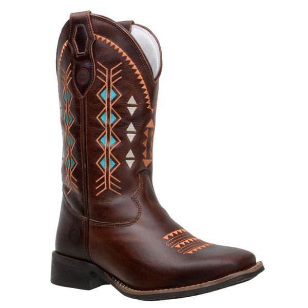 Bota Texana Feminina Bordados Geométricos em Couro