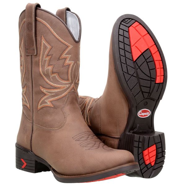 Bota Texana Masculina cor Clara Bico Redondo em Couro com Solado