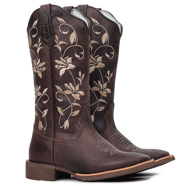 Bota Texana Feminina Floral Bege em Couro 