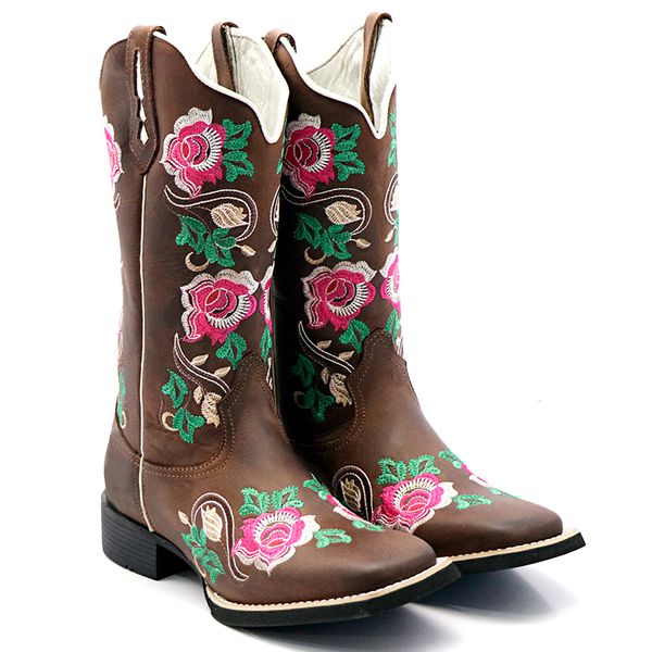 Bota Hopper Rosas Bico Quadrado em Couro 