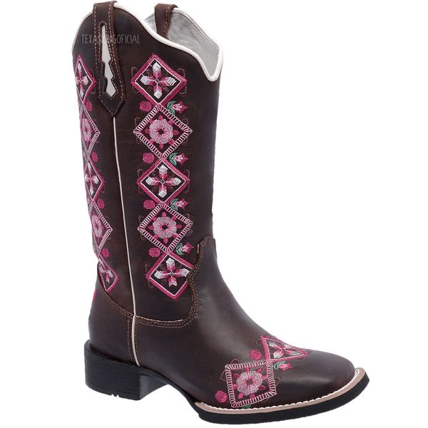 Bota Texana Feminina Hopper em Couro Bordado Floral Rosa TexasKing