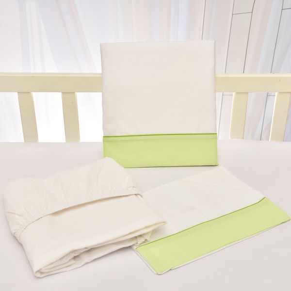 Jogo de Lençol Bebê de Percal Soft 150 Com Fita Verde 3 Peças