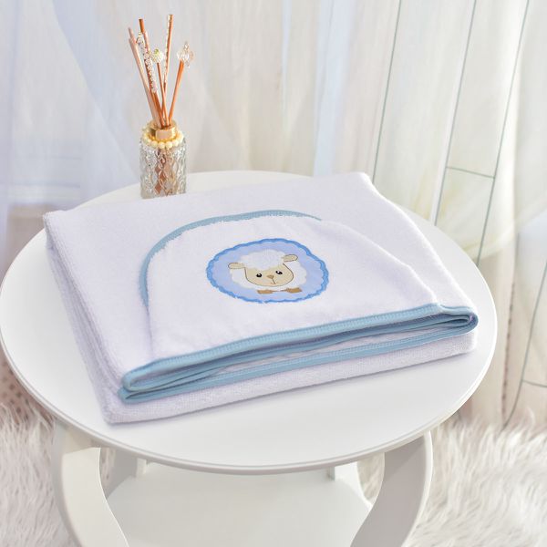 Toalha Bebê Retangular GG Com Forro e Capuz Carneirinho Com Moldura Azul