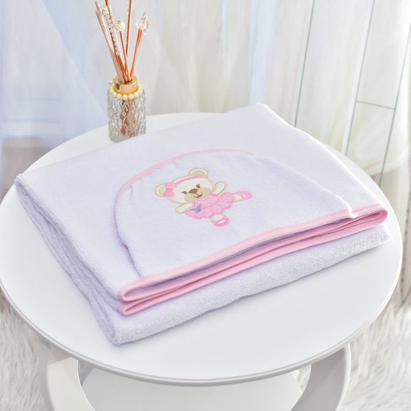 Toalha Bebê Retangular GG Com Forro e Capuz Ursinha Bailarina Arabesque Rosa
