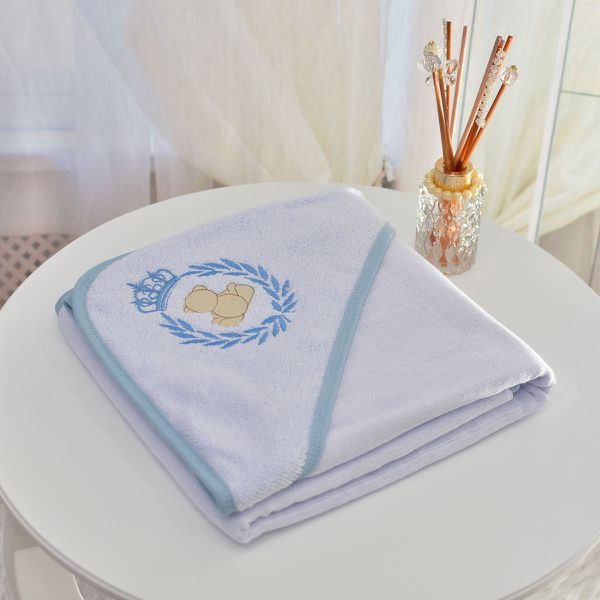 Toalha Bebê Quadrada Com Forro e Capuz Urso Charme Azul