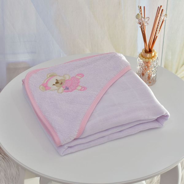 Toalha Bebê Quadrada Com Forro e Capuz Ursinha Bailarina Arabesque Rosa
