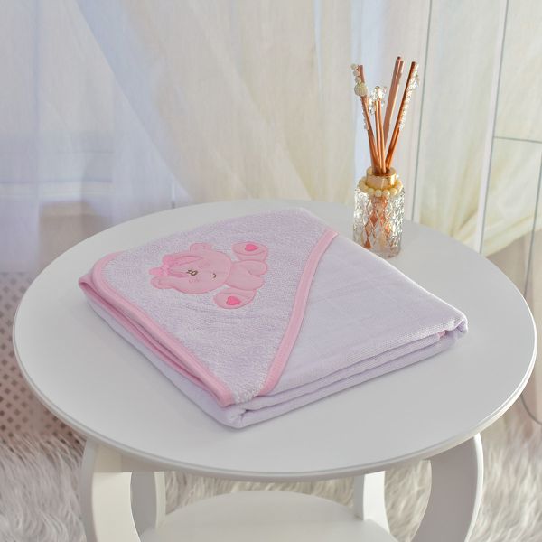 Toalha Bebê Quadrada Com Forro e Capuz Ursinha de Laço Rosa