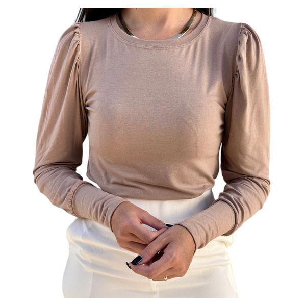 Blusa Básica Viscolycra Manga longa Nude THAIS VENTURA