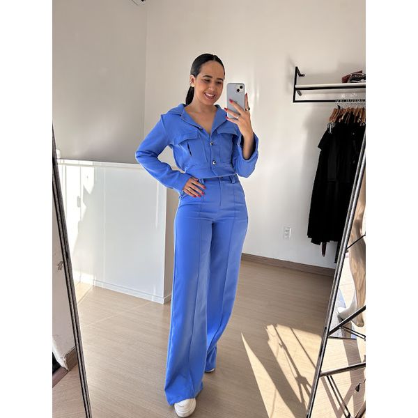Conjunto Alfaiataria Andressa- Blusa Jaquetinha e Calça Pantalona- Azul