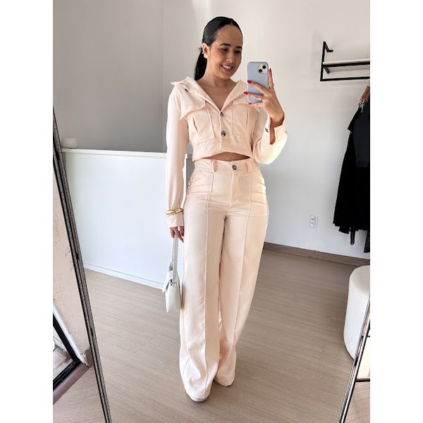 Conjunto Alfaiataria Andressa- Blusa Jaquetinha e Calça Pantalona- Bege