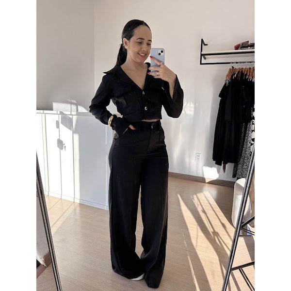 Conjunto Alfaiataria Andressa- Blusa Jaquetinha e Calça Pantalona- Preto