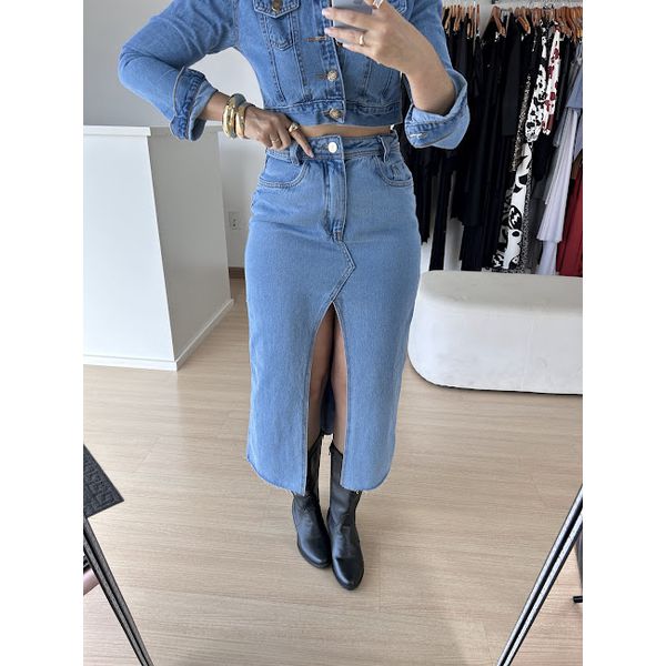 Saia Jeans Midi com Fenda