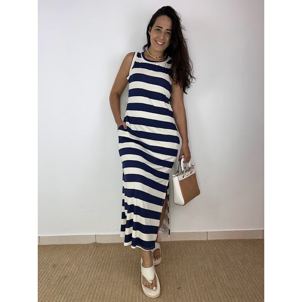 Vestido Longo Regata Ágata- Listrado azul