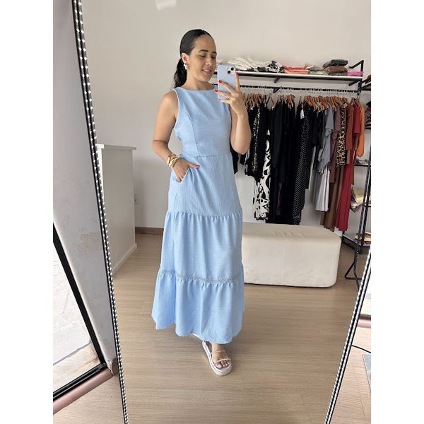 Vestido Barbara Longo com Renda Guipir na barra-Azul