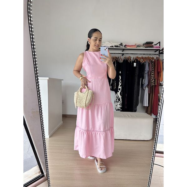 Vestido Barbara Longo com Renda Guipir na barra- Rosa 