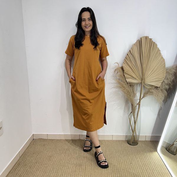 Vestido Camisetão Midi em Algodão Luxuoso- Terra Cota