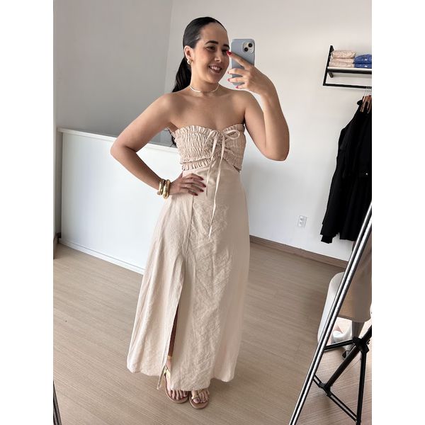 Vestido Longo lastex busto- Areia