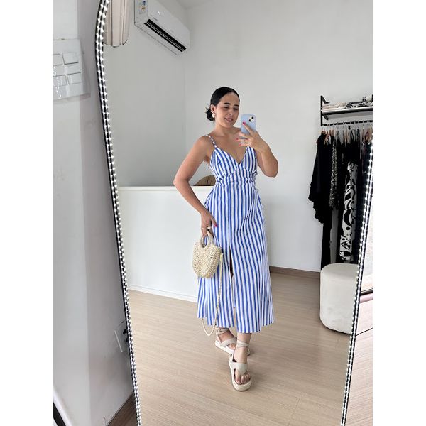 Vestido Linho Mídi Listrado -Azul