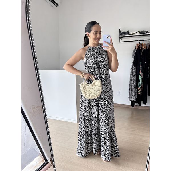 Vestido Longo Frente unica Dulce-Estampado Fundo Preto