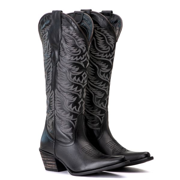 Bota Feminina Texana Tucson - Couro Preto -Solado P51 Rústico Preto