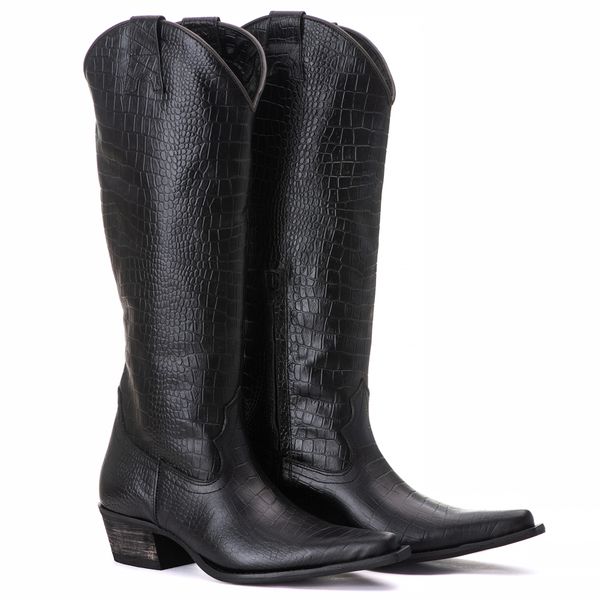 Bota Feminina Texana - Couro Croco Preto - Solado P52 Rústico Preto